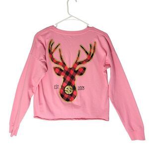 Simply Southern Buffalo Plaid Holiday Deer Crop Top Tshirt L Holiday Hunter Logo